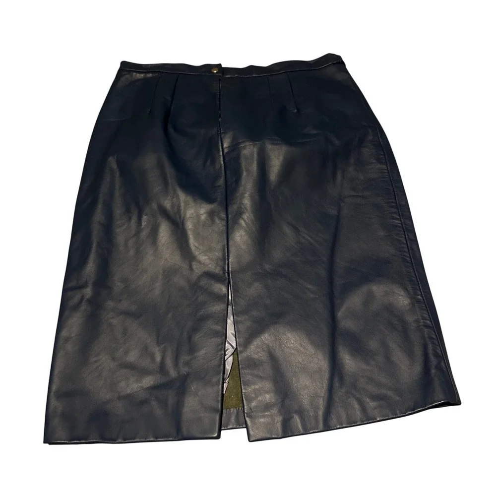Navy Gray Blue Leather‎ Blazer Jacket and Skirt Set Two Piece Outfit